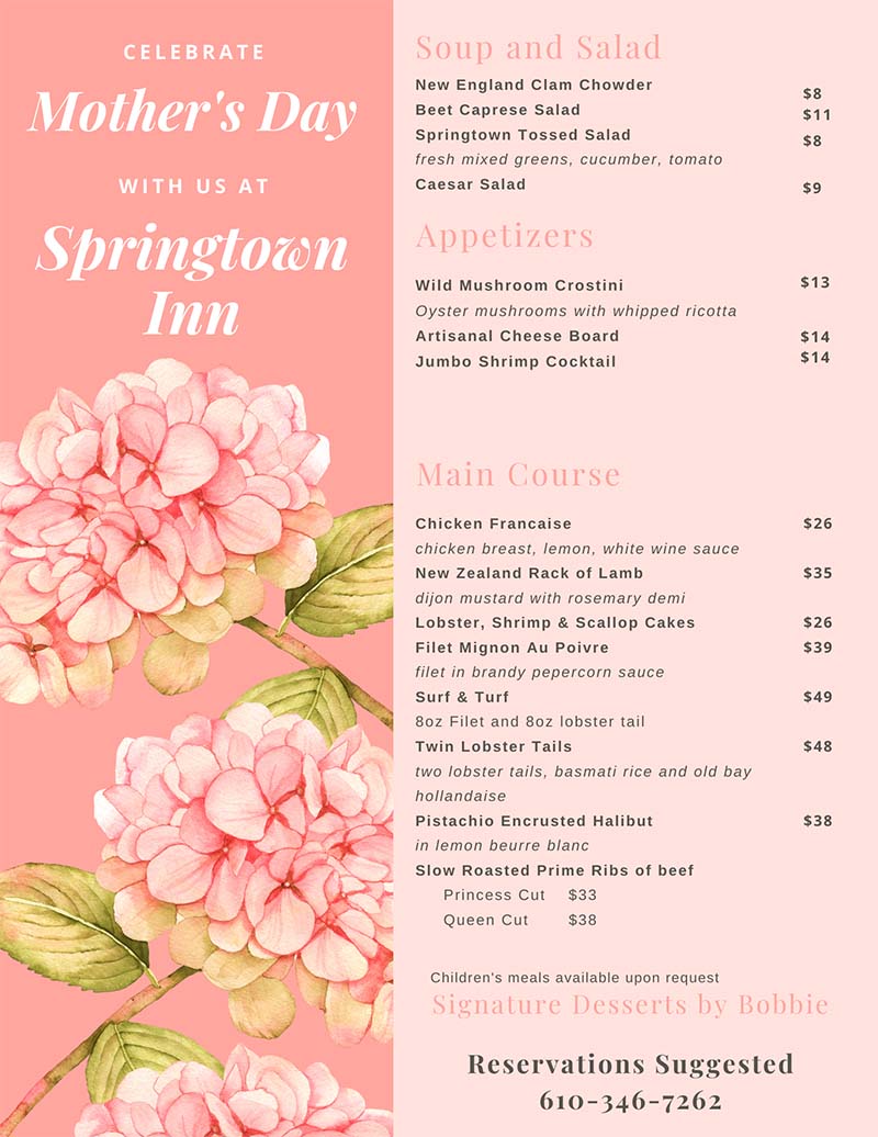 Springtown Inn Mother's Day menu