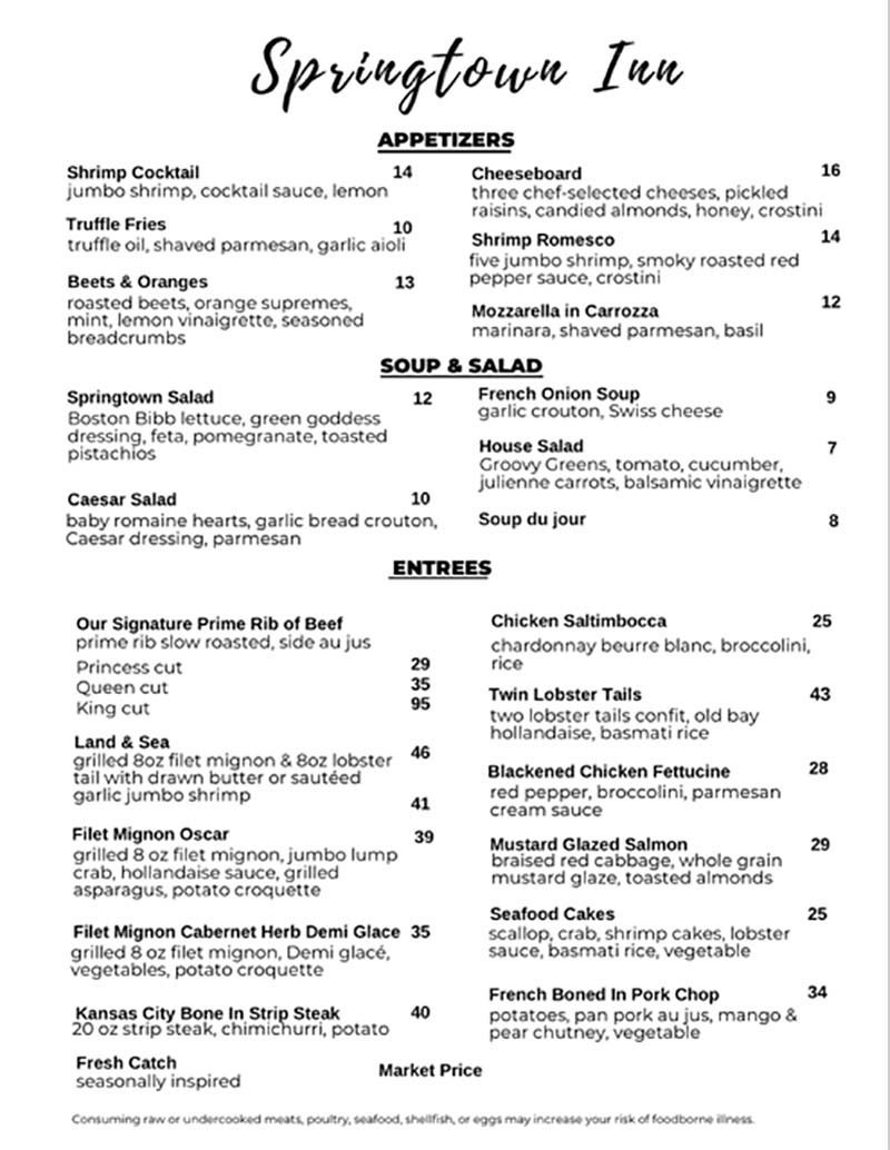 Springtown Inn Regular Menu