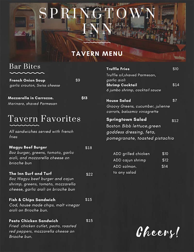 Tavern Menu