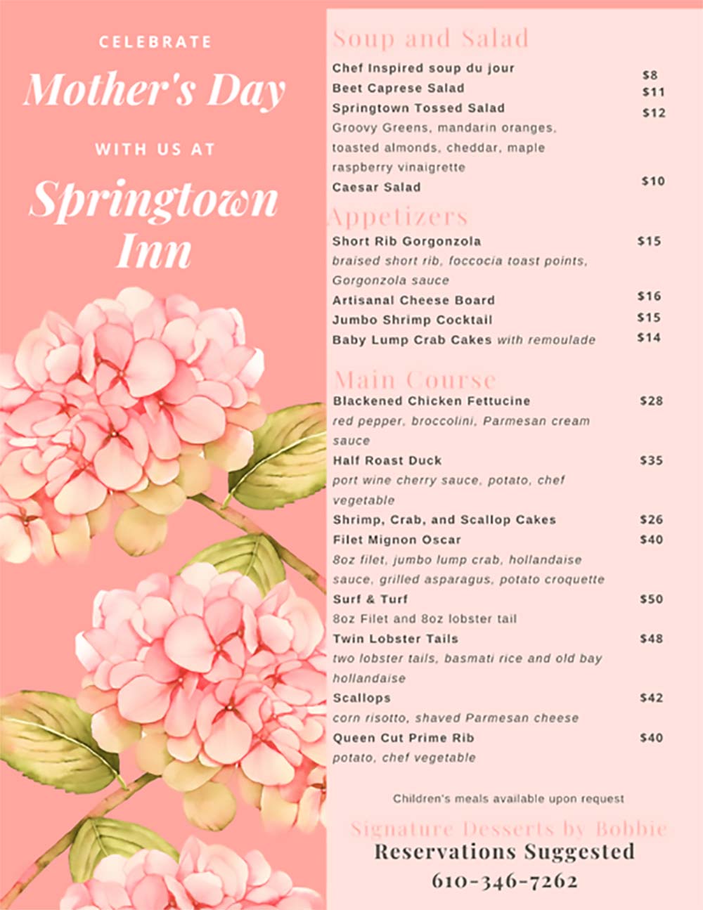 Springtown Inn Mother's Day Menu