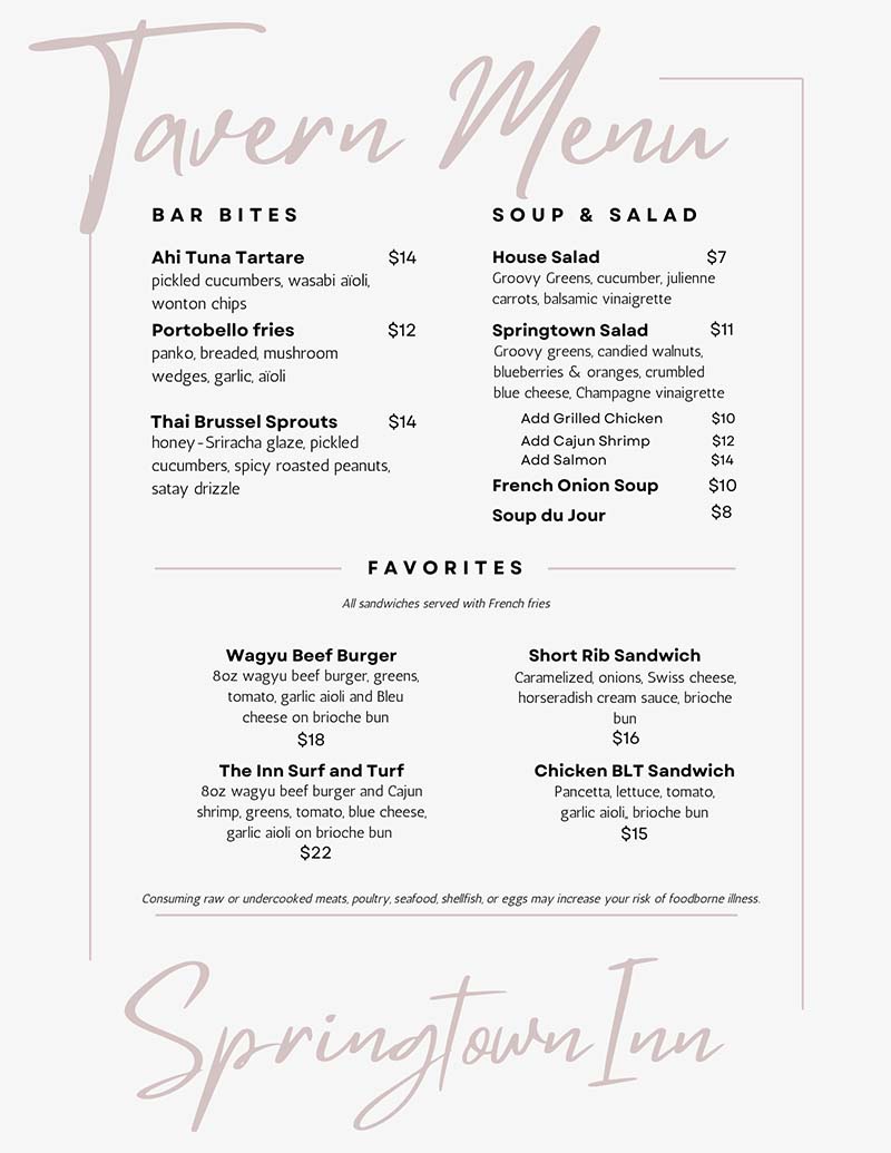 Tavern Menu