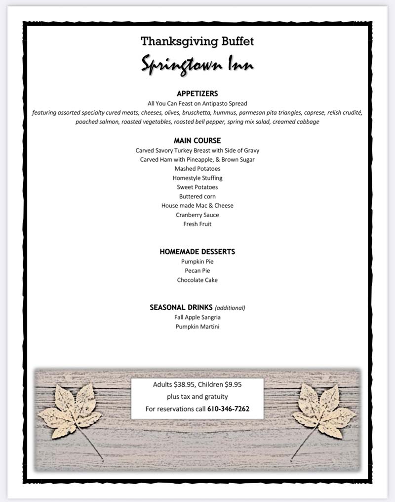 Springtown Inn Thanksgiving Buffet Menu
