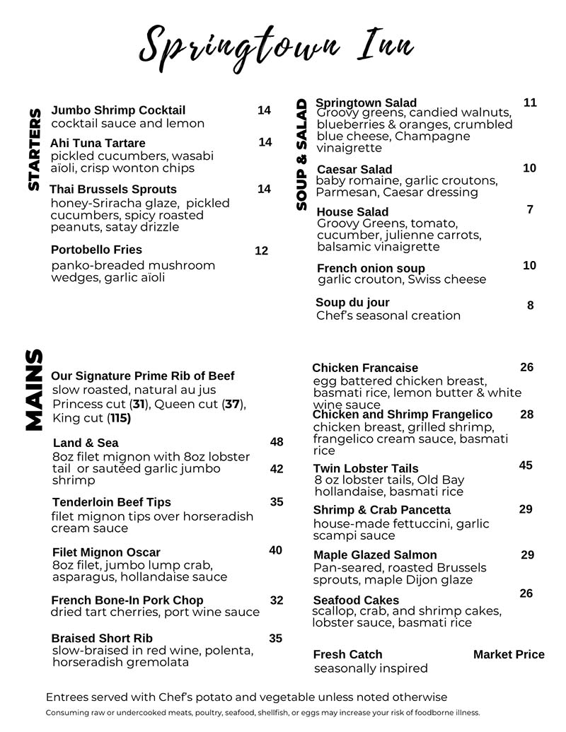 Springtown Inn Regular Menu