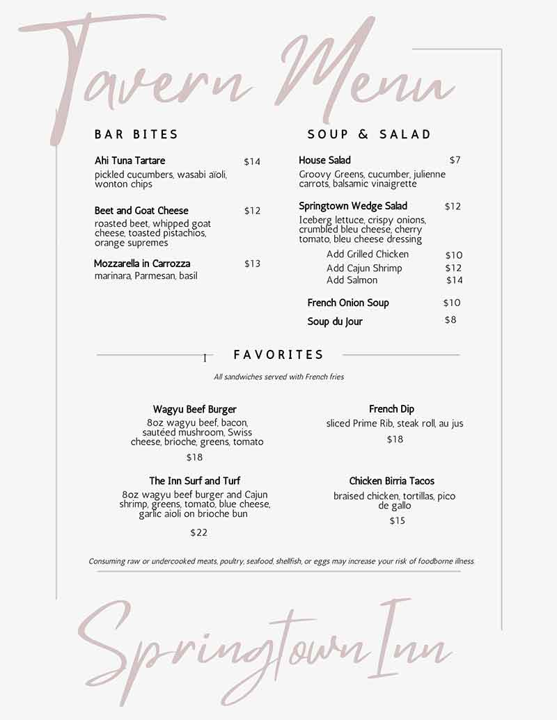 Tavern Menu
