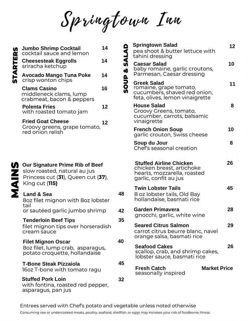 Springtown Inn Regular Menu