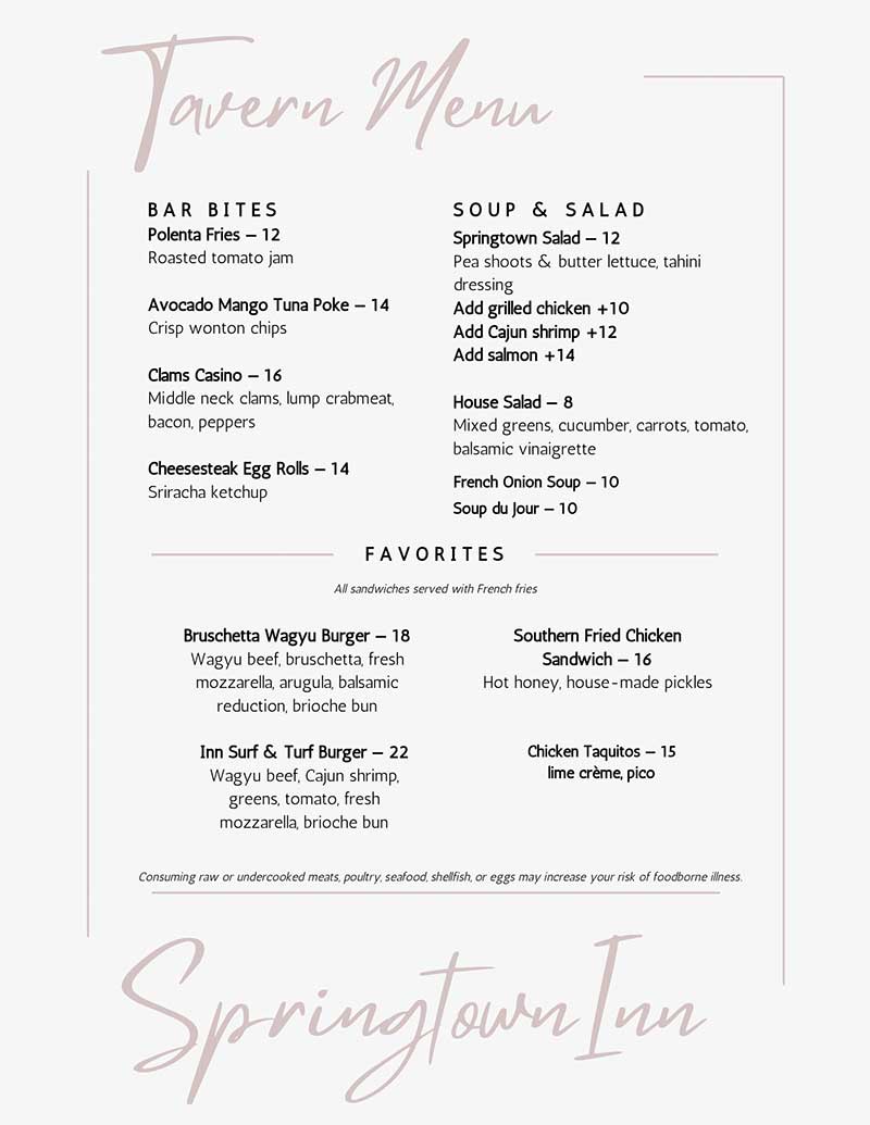 Tavern Menu