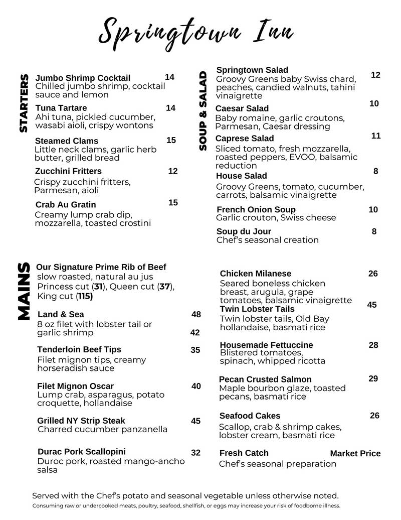 Springtown Inn Regular Menu