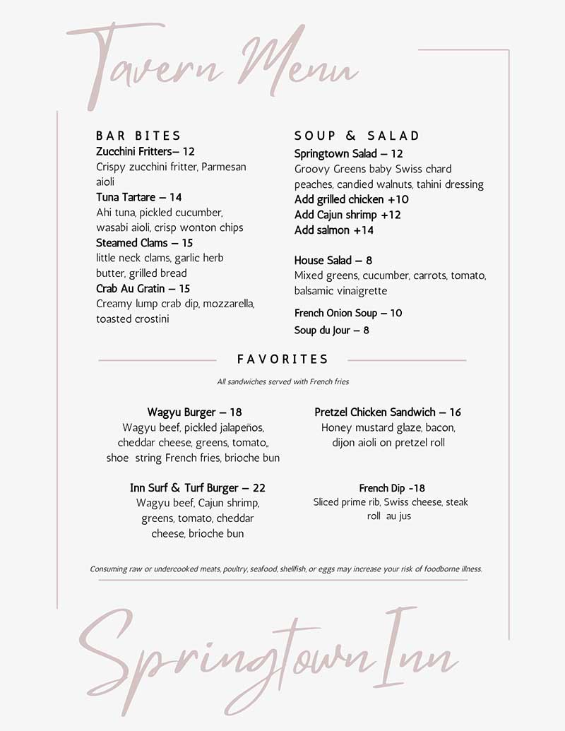 Tavern Menu