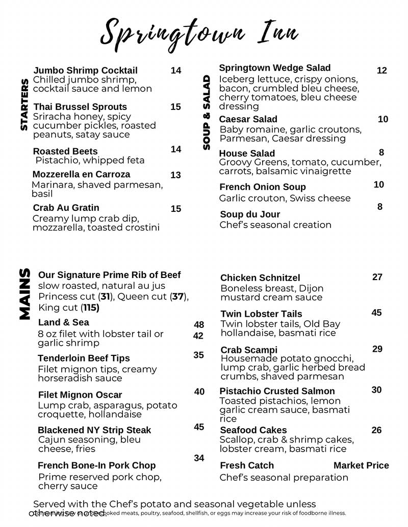 Springtown Inn Regular Menu