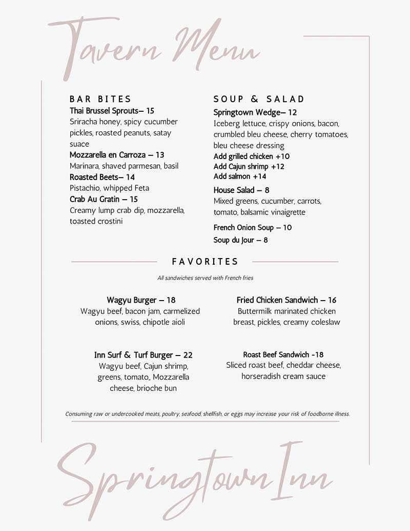 Tavern Menu